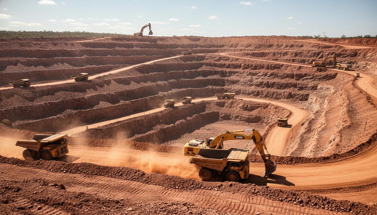 Вид на карьер золотого рудника в штате Квинсленд с гидравлическими экскаваторами на террасах.