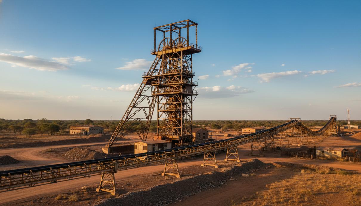 Стальной шахтный копер и магистральные конвейерные линии на территории медного рудника в Замбии.