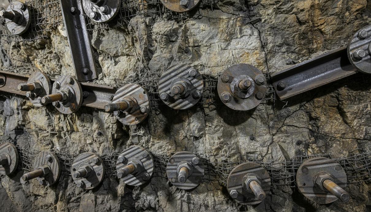 Анкерная крепь и следы полимерной смолы на своде горной выработки в подземном руднике.