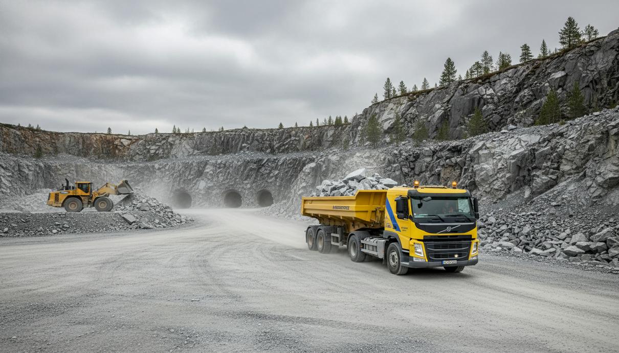 Беспилотный грузовик с прицепом едет по грунтовой дороге на фоне известнякового карьера и туннеля