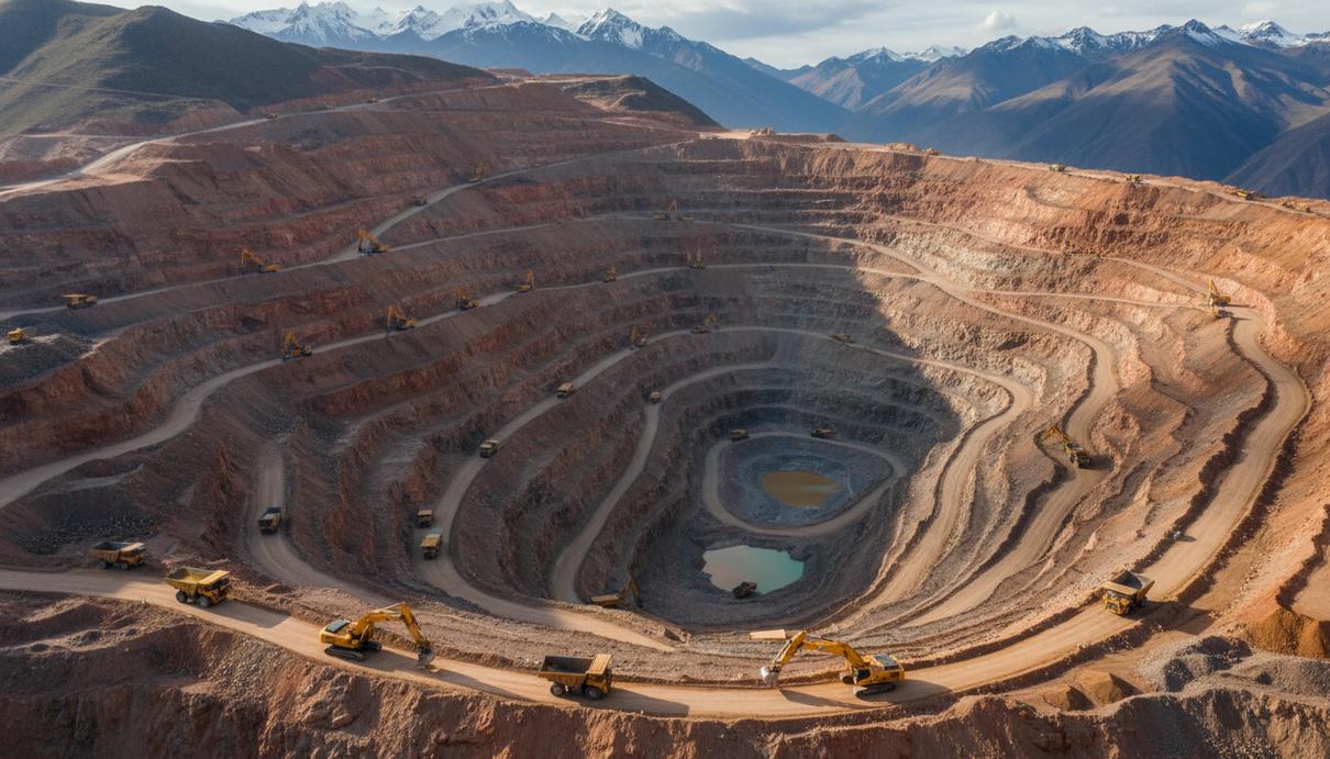 Огромный открытый карьер в горах Перу с террасами и работающими гидравлическими экскаваторами