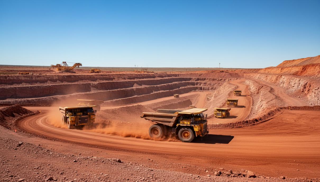Желтые беспилотные самосвалы движутся по дороге в железорудном карьере Западной Австралии