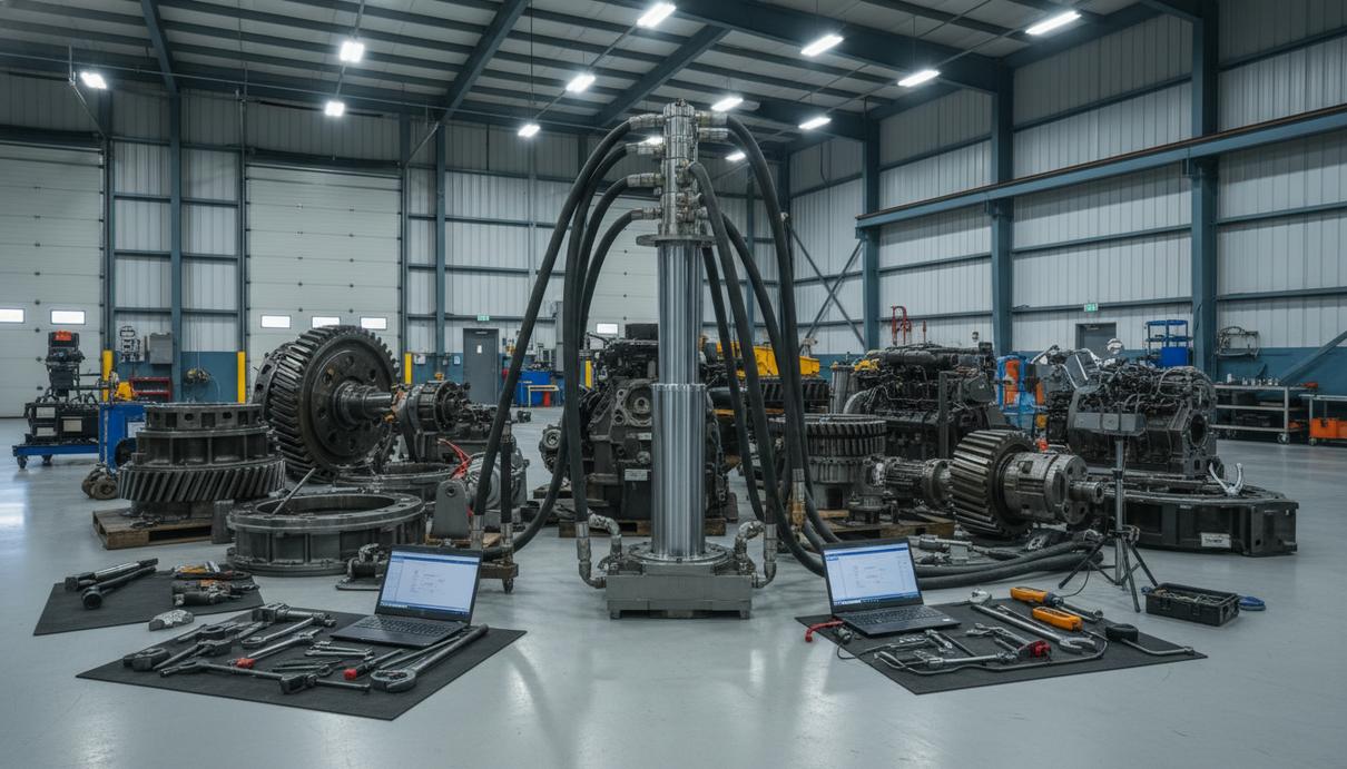 Инструменты и оборудование для диагностики узлов тяжелой техники в сервисном центре Komatsu.