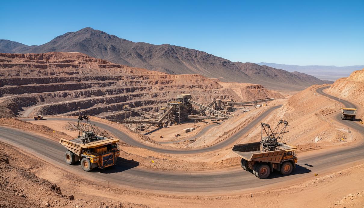 Карьерные самосвалы, подключенные к контактной сети, на фоне добывающего комплекса в горах Аргентины.