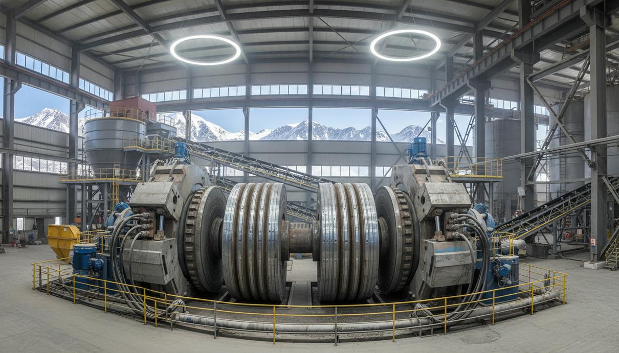 Промышленный валковый пресс высокого давления в цехе обогатительной фабрики по переработке медной руды