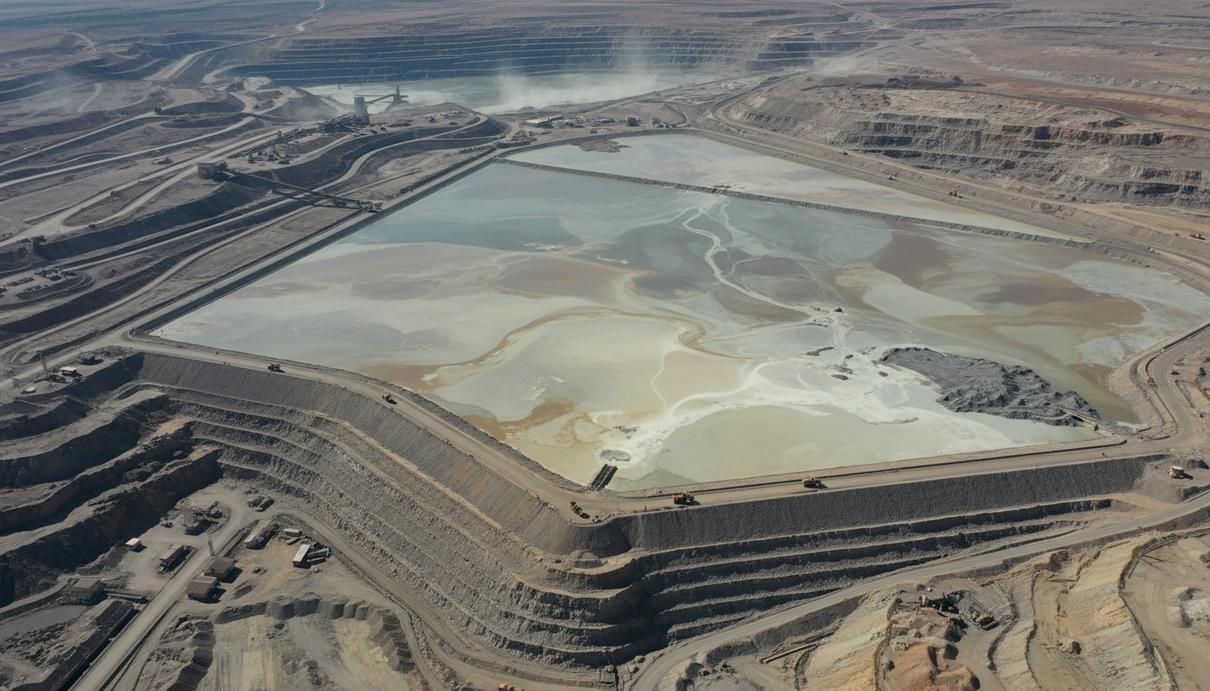 Вид сверху на крупное хвостохранилище с защитной дамбой на территории промышленного предприятия.