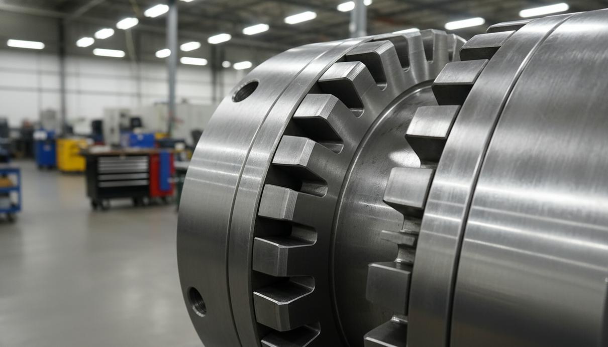 Промышленная стальная зубчатая муфта крупным планом на фоне производственного помещения.