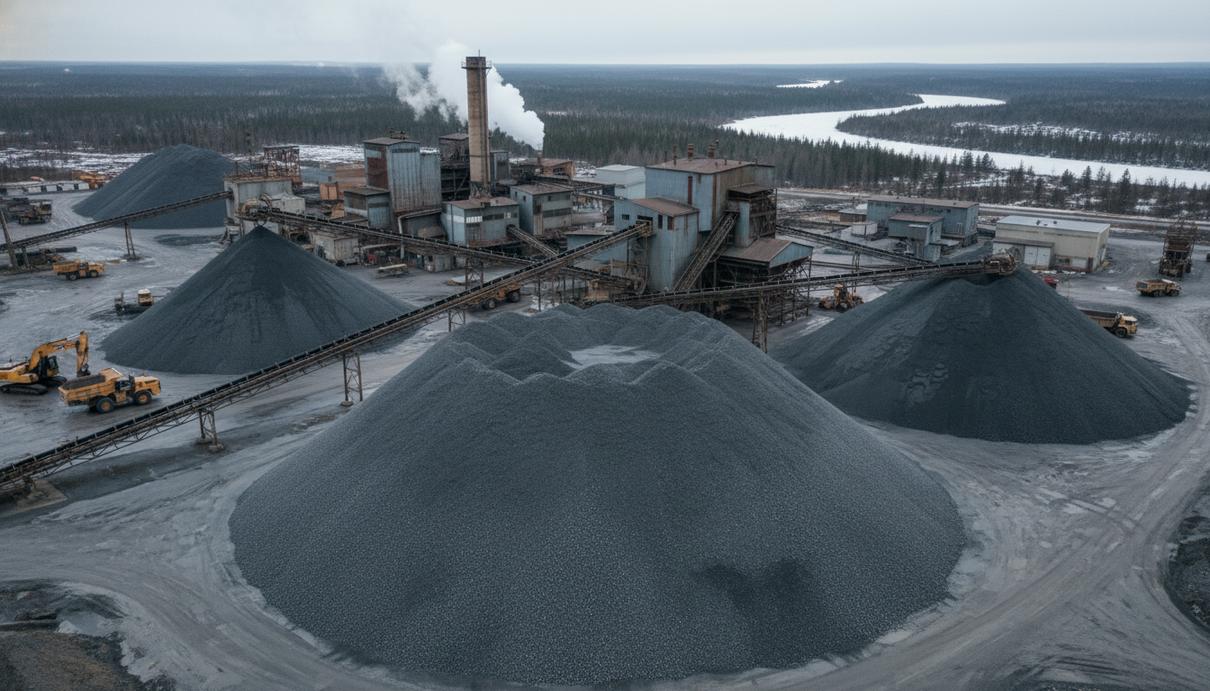 Промышленные отвалы породы и производственные корпуса на территории хромового рудника в Финляндии.