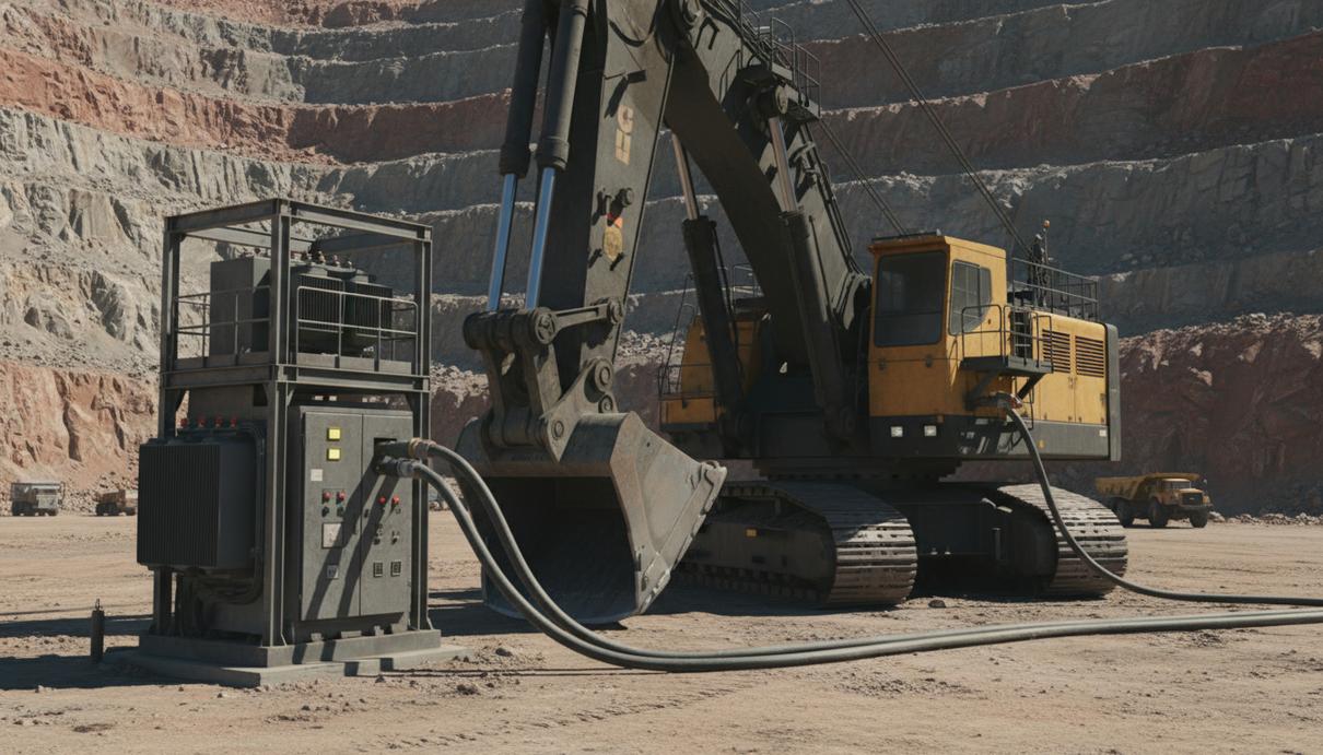 Промышленный электрический гидравлический экскаватор на зарядной станции в глубоком карьере