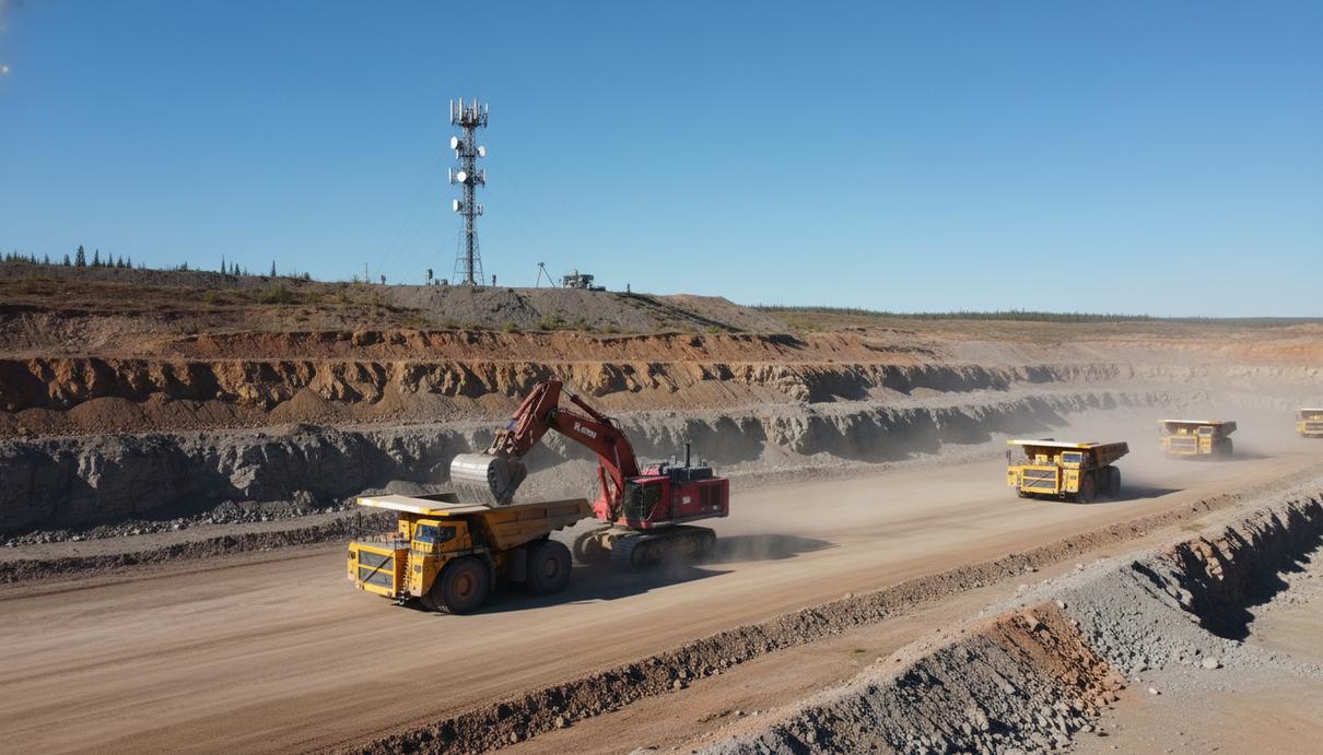 Карьерная техника на золотом руднике на фоне вышки связи и северного канадского пейзажа