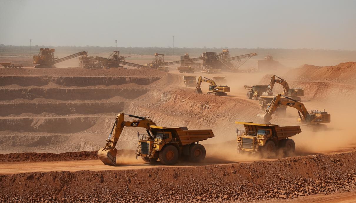 Тяжелые карьерные самосвалы и гидравлические экскаваторы на террасах золотодобывающего рудника в Гане