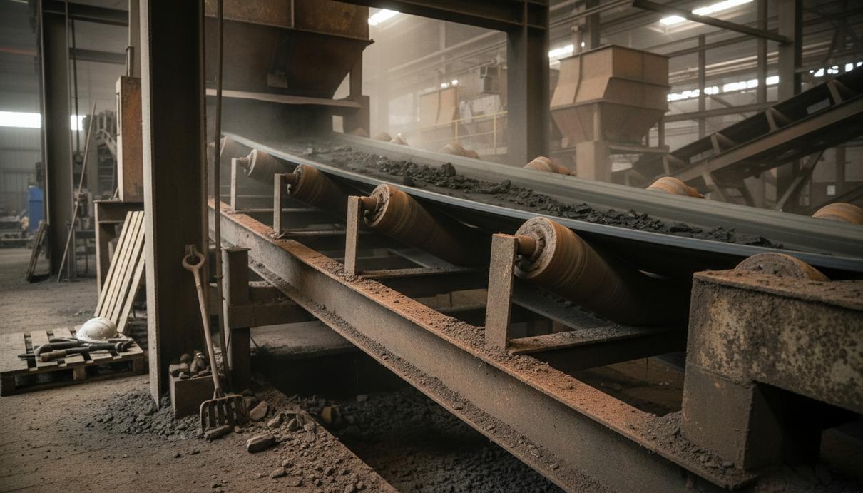 Крупный план черной промышленной конвейерной ленты на стальных роликовых опорах в цехе