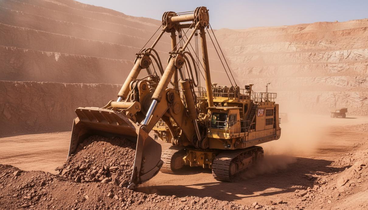 Желтый карьерный гидравлический экскаватор работает на фоне скалистых уступов в глубоком карьере.