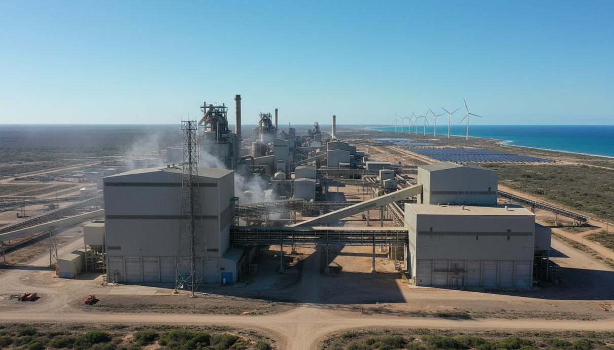 Промышленный комплекс алюминиевого завода на побережье с производственными цехами и конвейерными линиями.