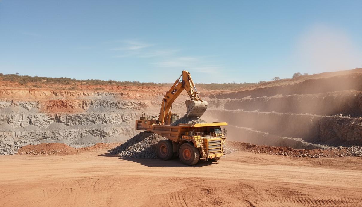 Гидравлический экскаватор загружает руду в карьерный самосвал на серебряном руднике в Австралии