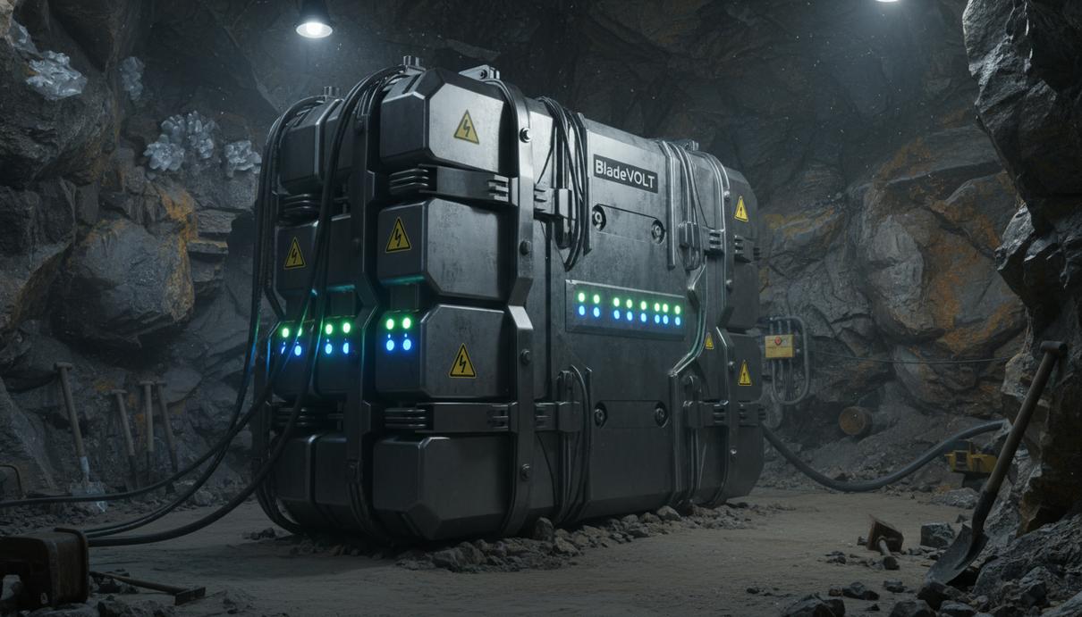 Промышленный аккумуляторный модуль в металлическом корпусе внутри подземного каменного тоннеля.