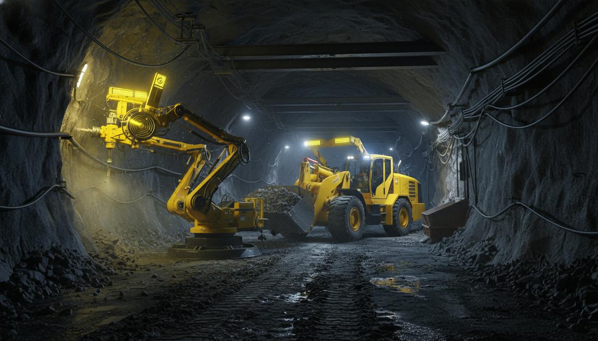 Автономная погрузочно-доставочная машина и буровая установка в подземном тоннеле шахты
