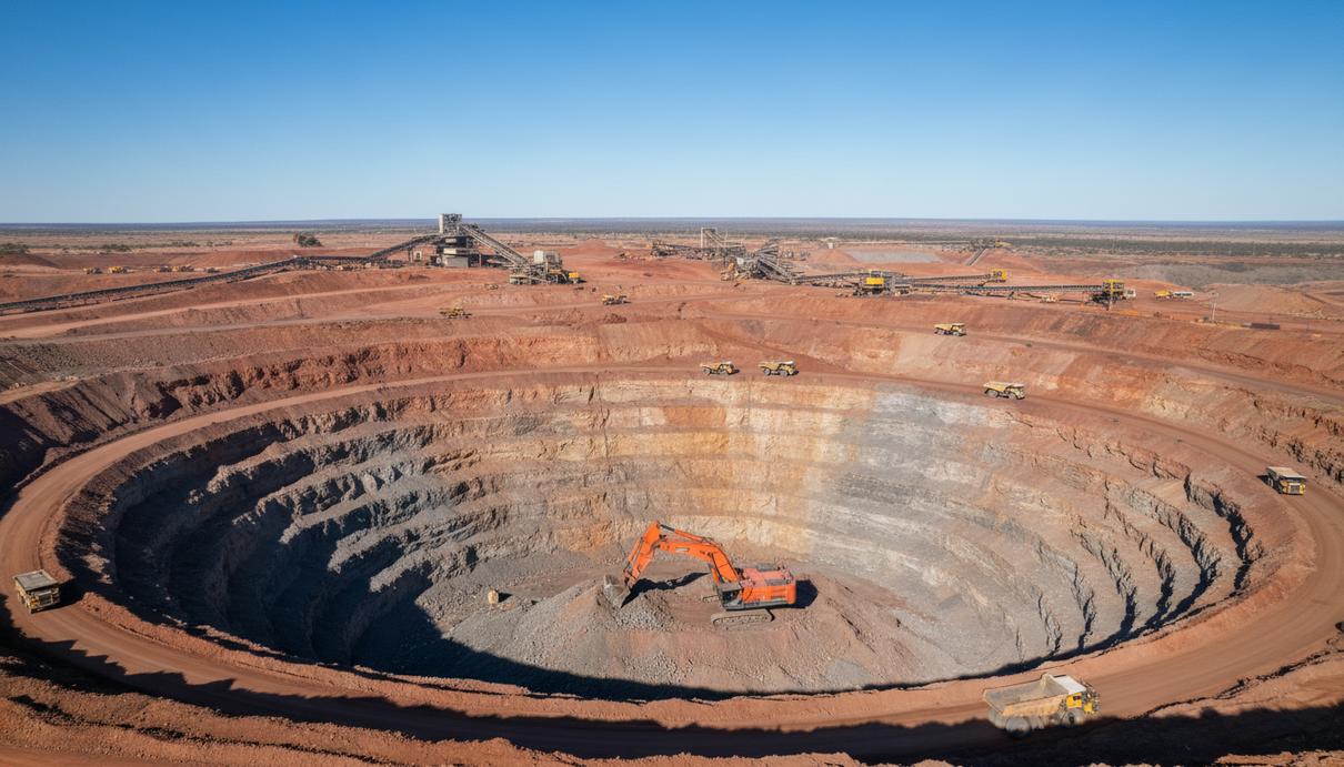 Промышленный пейзаж карьера с работающим гидравлическим экскаватором и карьерными самосвалами на фоне ступенчатых склонов