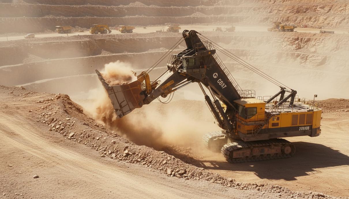 Гидравлический экскаватор на фоне каменных террас в глубоком карьере горнодобывающего предприятия