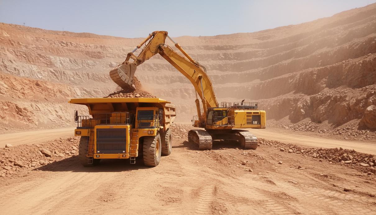 Карьерный самосвал и гидравлический экскаватор на фоне ступенчатых склонов угольного разреза