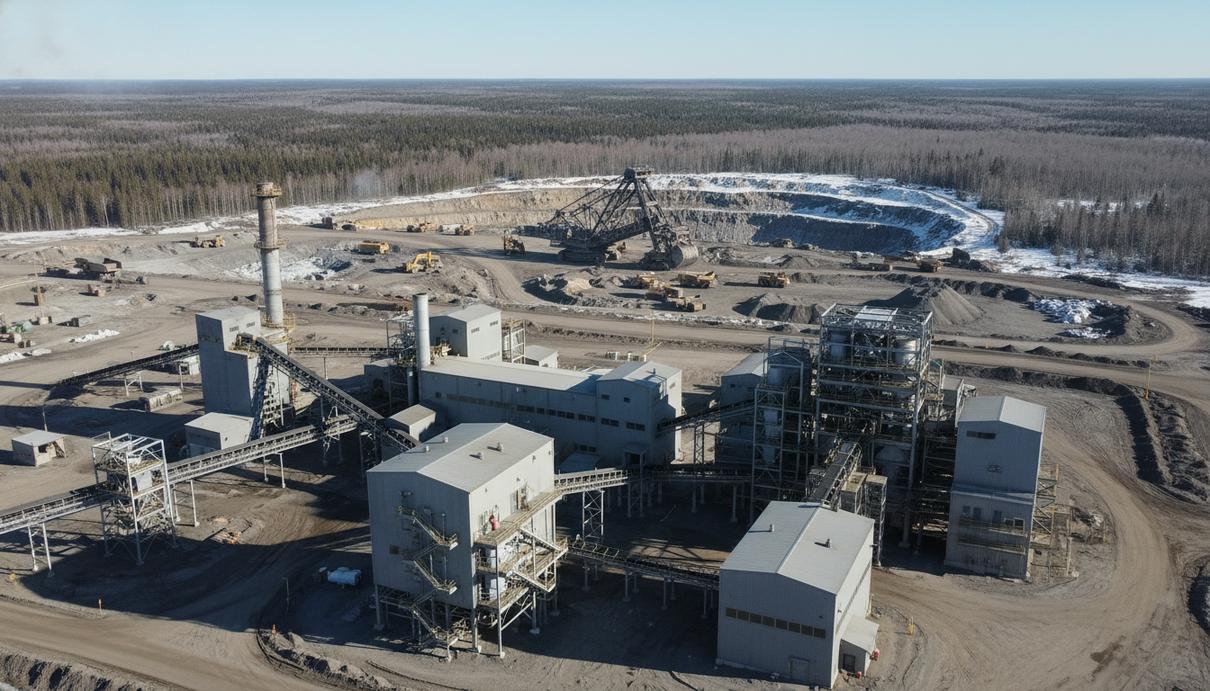 Вид на промышленную площадку рудника с обогатительной фабрикой и техникой на фоне северного леса.