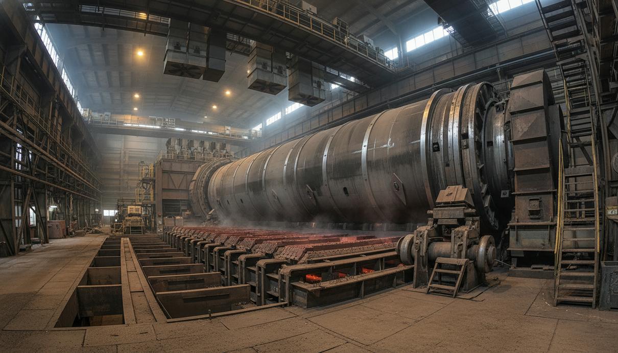 Массивная вращающаяся печь и технологические линии внутри цеха по производству железных окатышей.