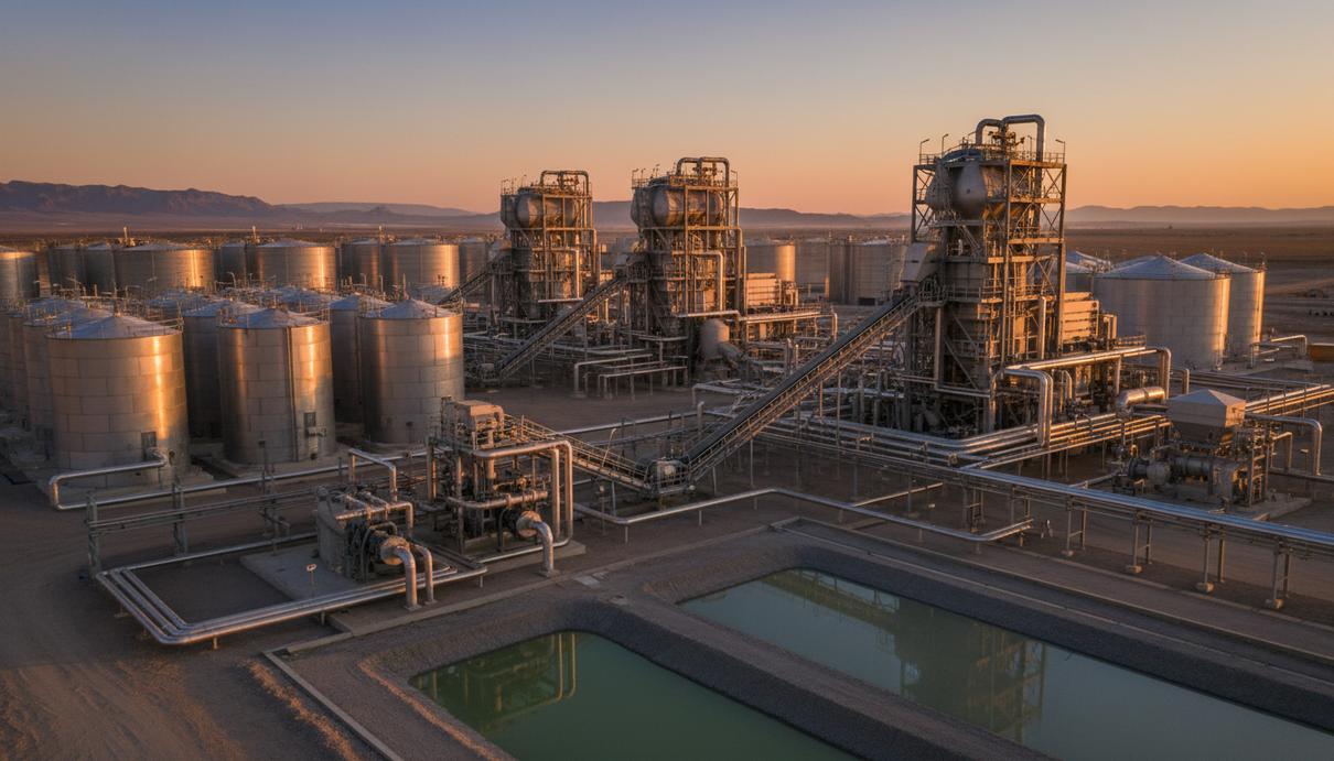 Промышленное оборудование и резервуары для переработки минерального сырья на открытом воздухе