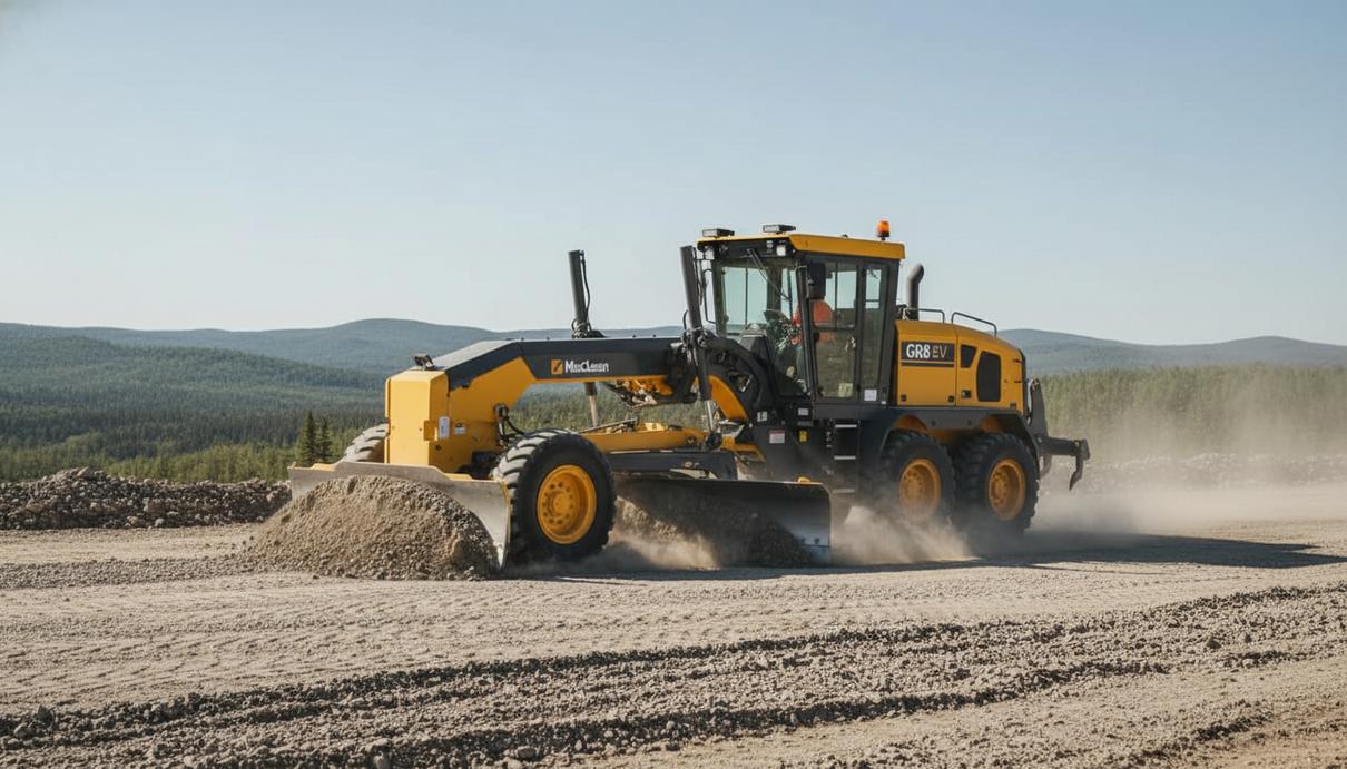 Желтый аккумуляторный грейдер на испытательной площадке с грунтовым покрытием