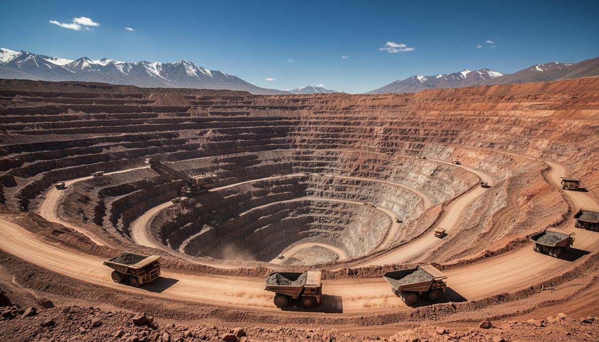 Вид на масштабный медный карьер в горах с террасами и работающим гидравлическим экскаватором.