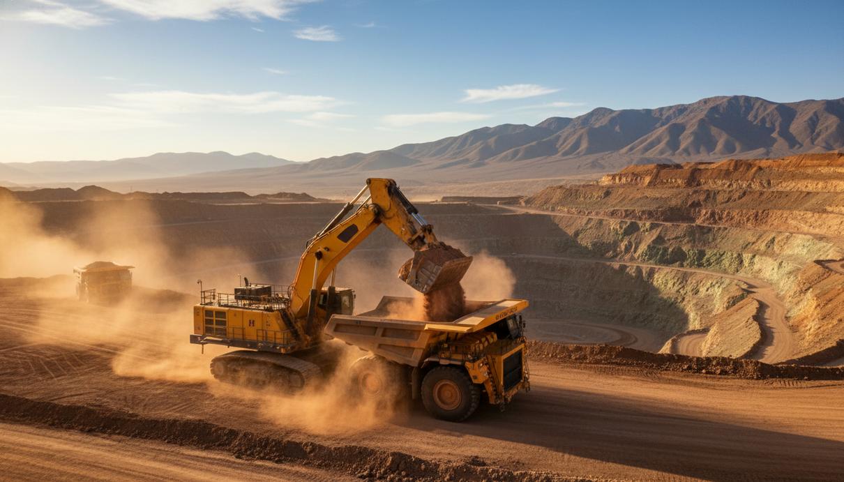 Карьерный самосвал и гидравлический экскаватор в открытом медном руднике