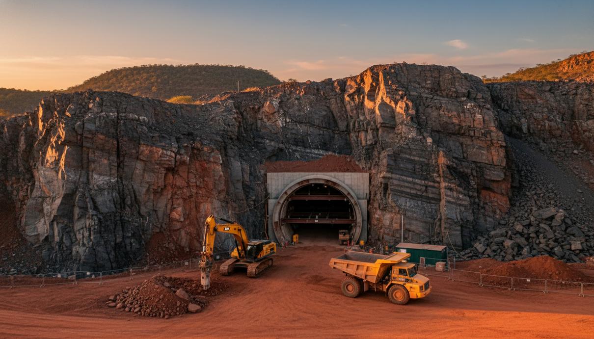 Вход в подземный туннель горной выработки в скалистой местности на фоне рыжего грунта