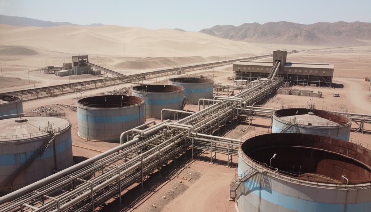 Промышленный комплекс по переработке меди с металлическими резервуарами в горной местности Перу