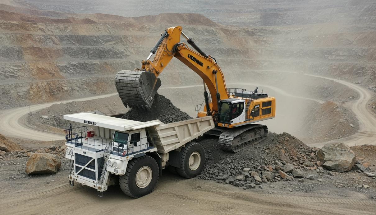 Желтый гидравлический экскаватор Liebherr в карьере загружает горную породу в кузов самосвала.