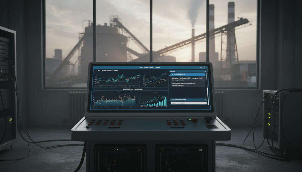 Цифровой интерфейс управления энергопотреблением и окно чат-бота на фоне промышленного объекта.