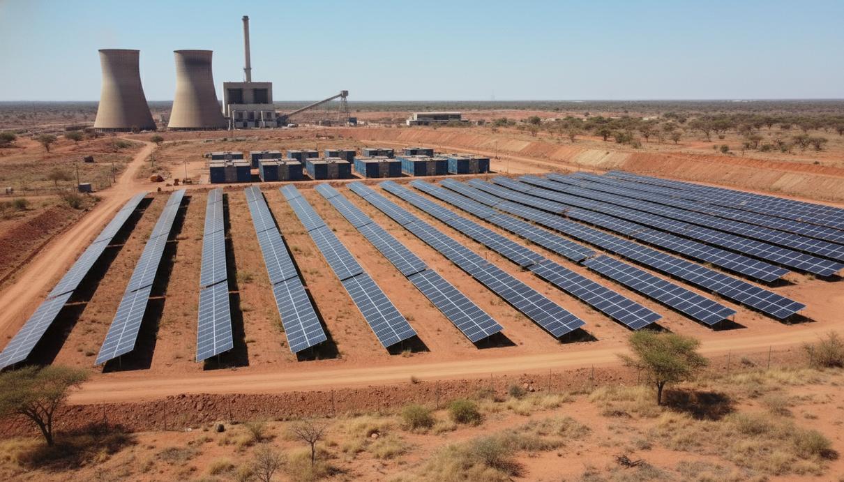 Солнечная электростанция и промышленные контейнеры на фоне африканского карьера по добыче ископаемых