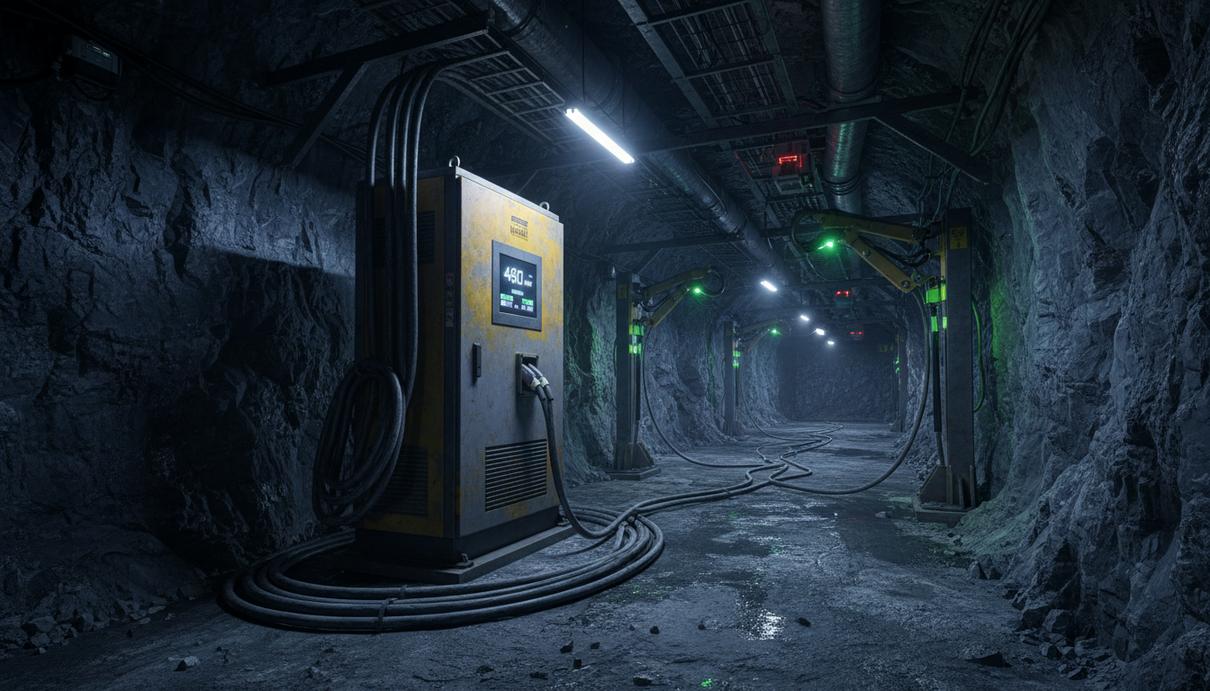 Промышленная зарядная станция мощностью 480 кВт и выносные стойки в подземном тоннеле рудника