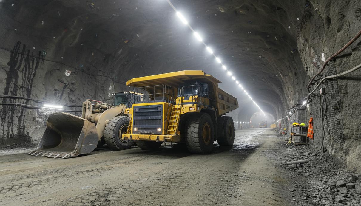 Массивный подземный самосвал и погрузчик в освещенном каменном туннеле горной выработки.