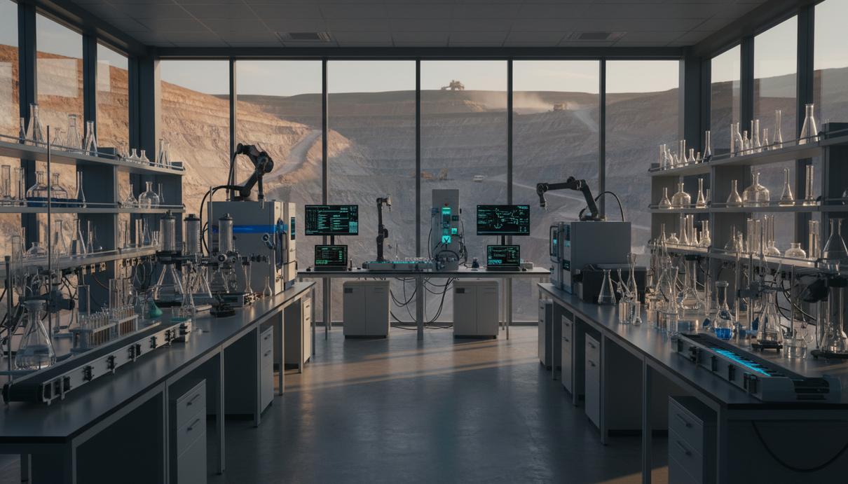 Высокотехнологичное лабораторное оборудование и датчики в офисе на фоне открытого карьера