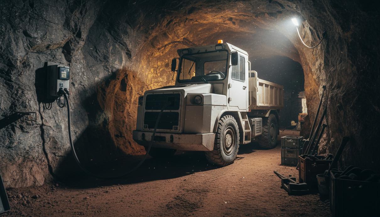 Специализированный внедорожник в подземном тоннеле рудника подключен к настенному блоку электропитания.