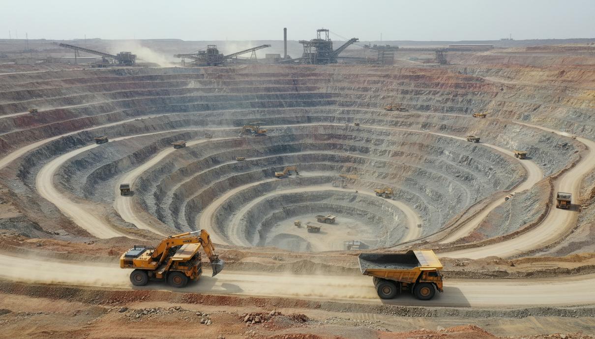 Карьерные самосвалы и гидравлические экскаваторы на фоне промышленных уступов золотого рудника