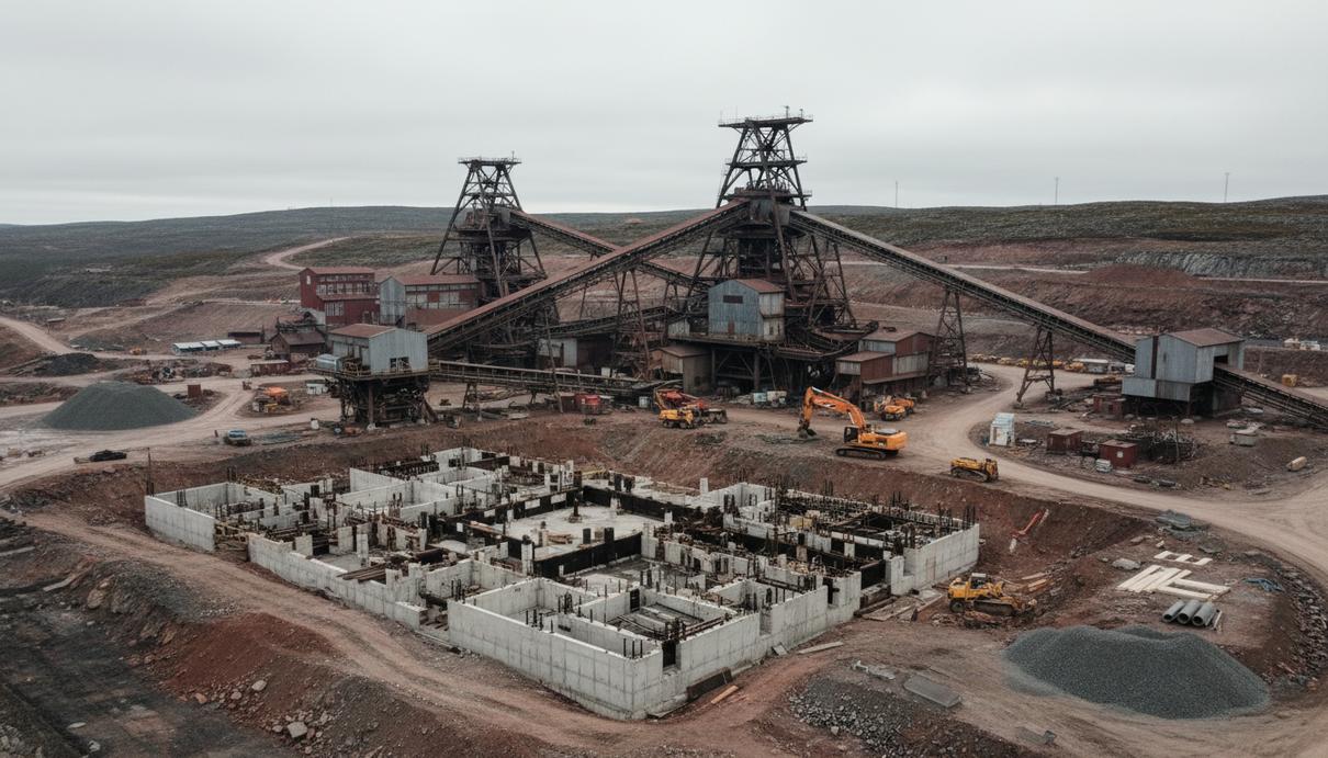 Строительная площадка промышленного объекта с бетонным фундаментом на фоне работающего горного завода.