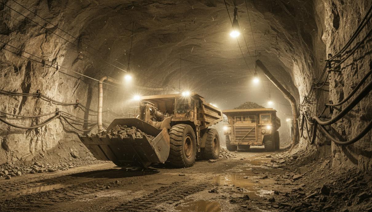 Подземная горная техника работает в глубоком туннеле золотого месторождения в Колумбии