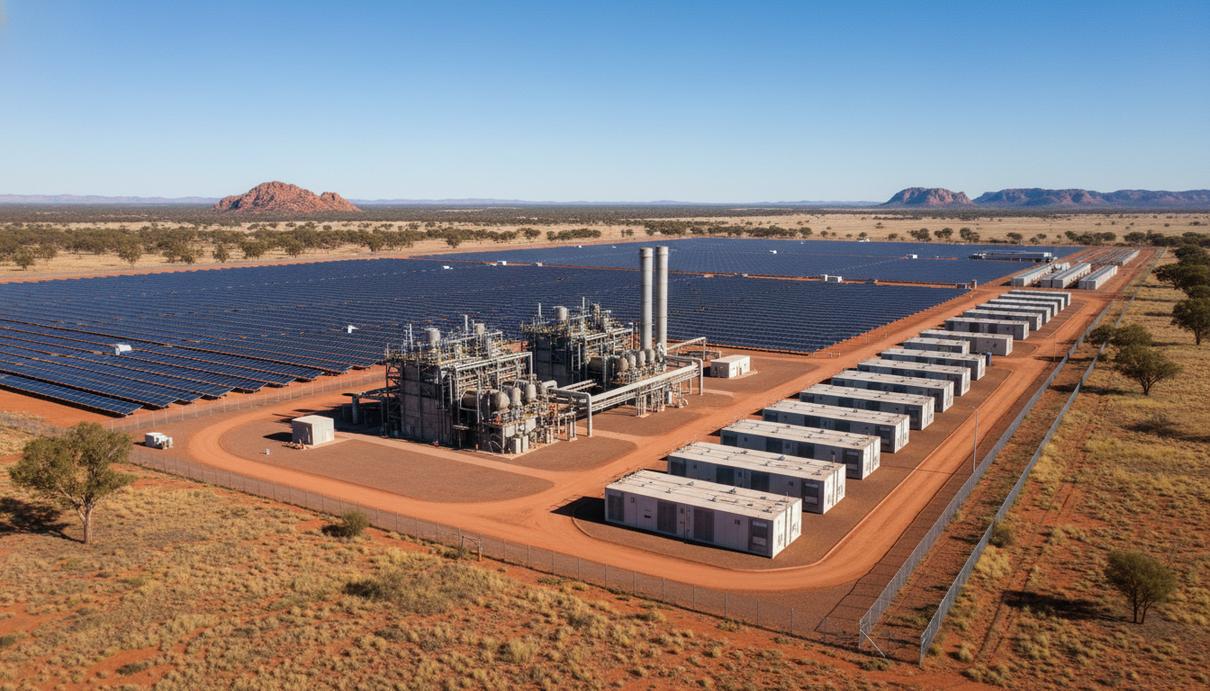 Промышленная солнечная электростанция и блоки аккумуляторных систем в австралийской пустыне