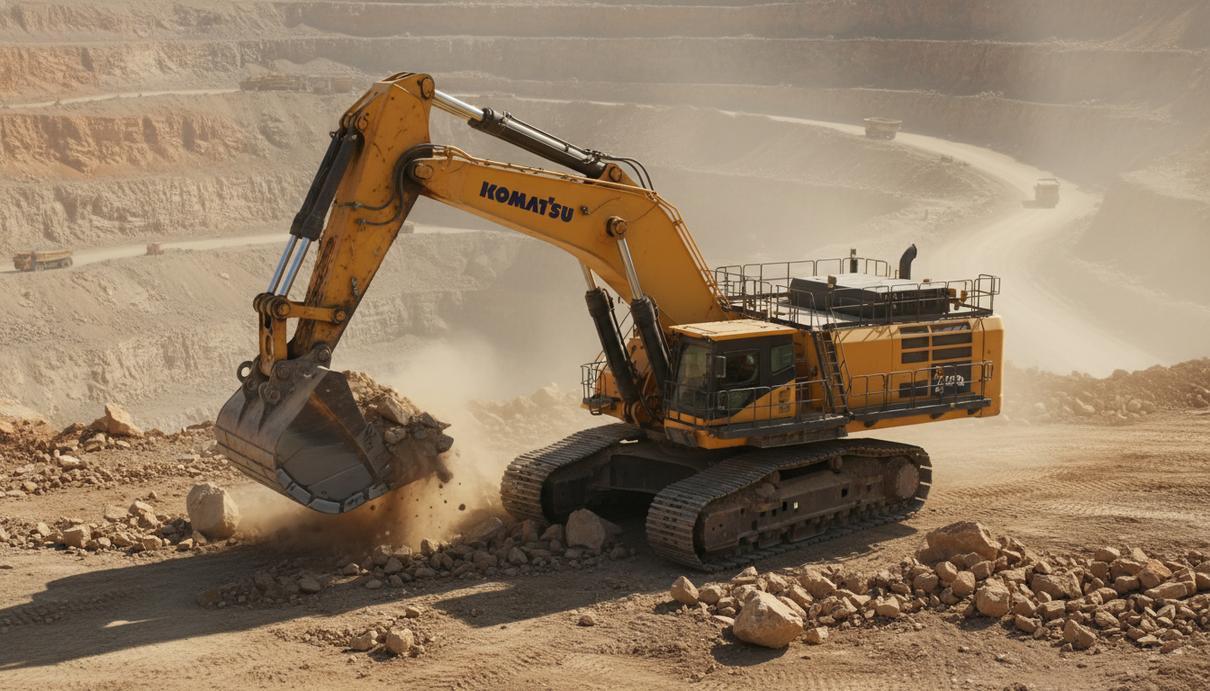 Гидравлический экскаватор Komatsu PC9000-12 с желтым ковшом в карьере на фоне добытой породы