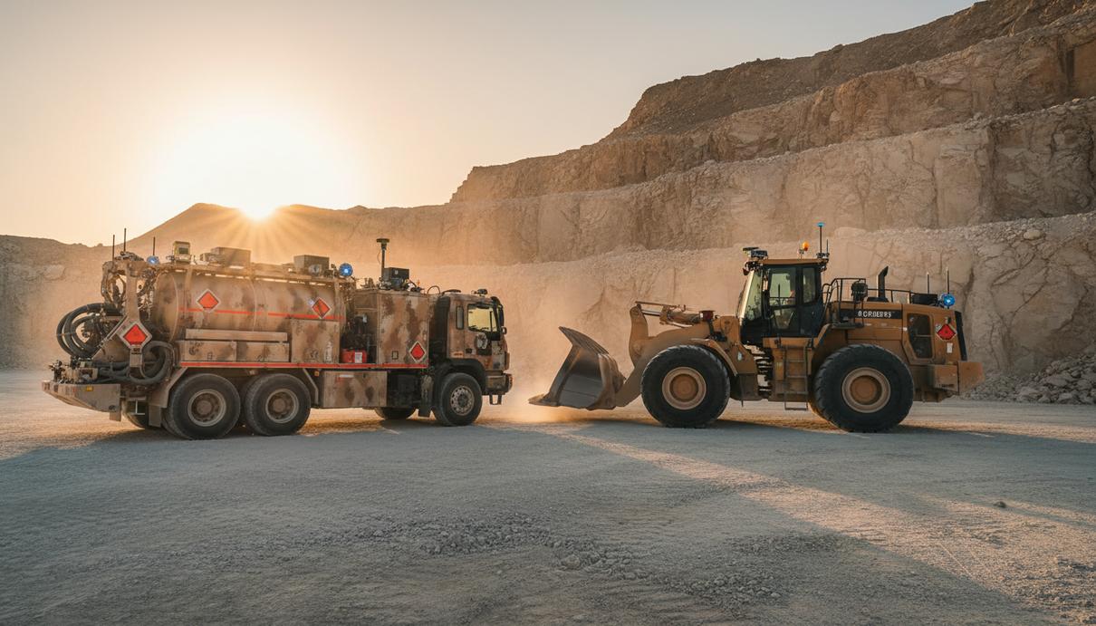 Специализированная карьерная техника и погрузчик на территории многоуровневого известнякового карьера.