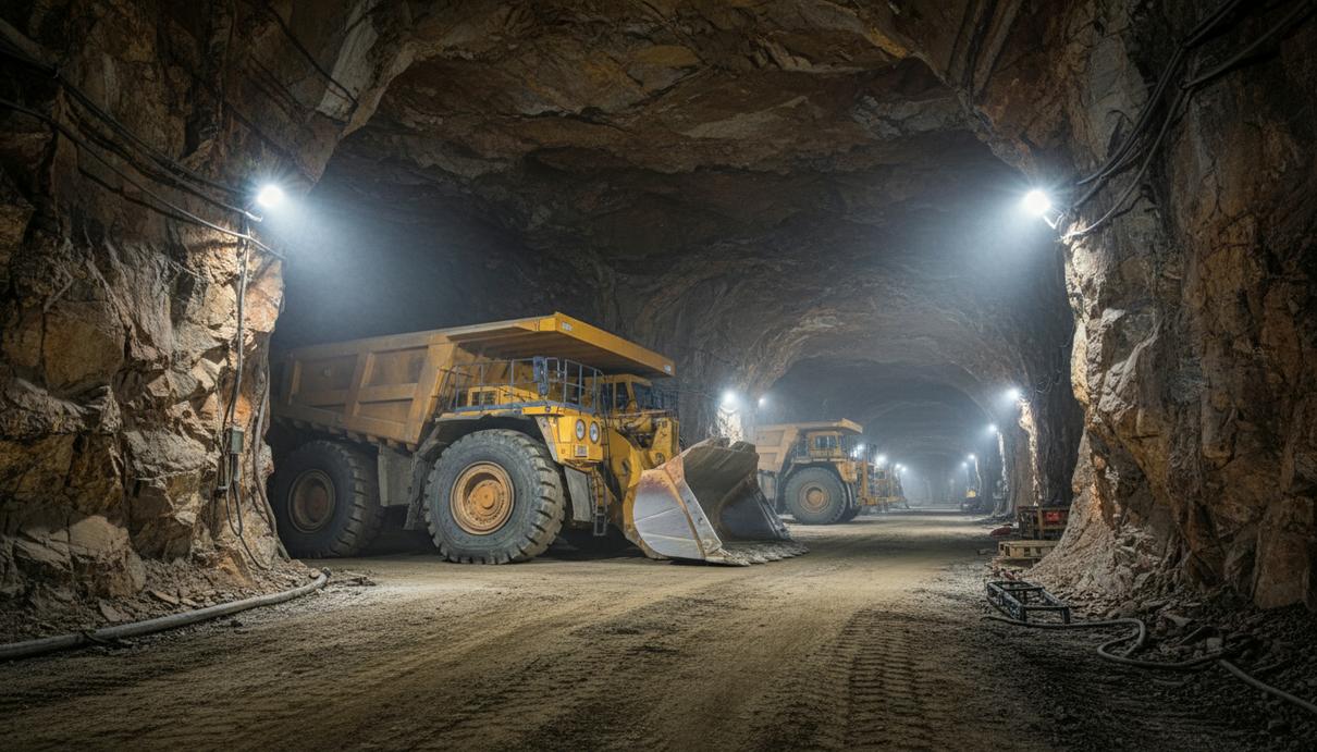 Тяжелая подземная техника и грузовые самосвалы в освещенном промышленном тоннеле горного рудника.