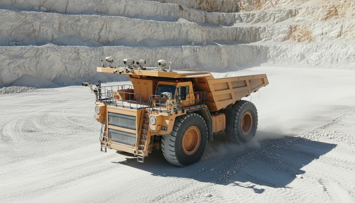 Тяжелый карьерный самосвал, оборудованный датчиками системы автономного вождения, в глубоком карьере