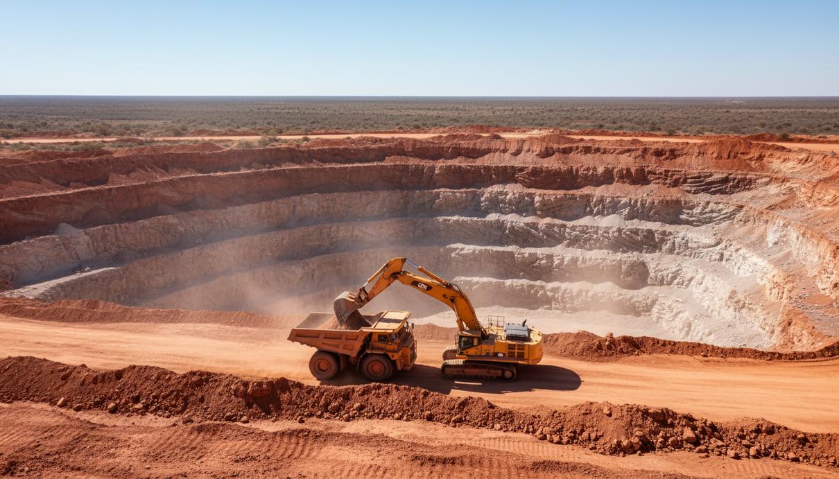 Гидравлический экскаватор работает в карьере с красной почвой на литиевом месторождении.