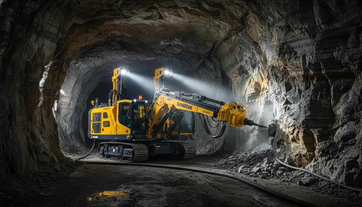 Желтая автоматизированная буровая установка в темном подземном тоннеле при свете прожекторов