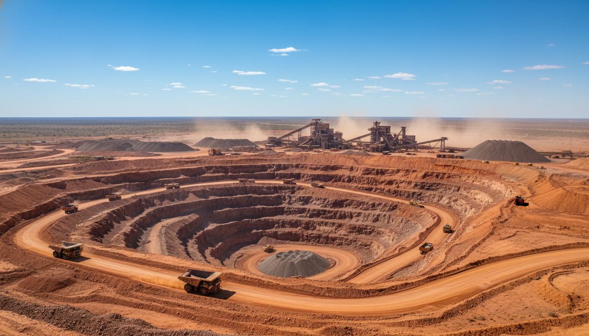 Вид на современный карьер в Западной Австралии с тяжелой техникой и промышленными объектами